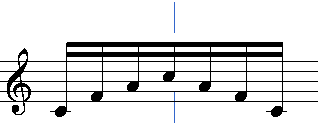 La raya azul es el eje vertical de simetría de las notas