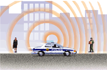 Las ondas sonoras emitidas por la sirena se comprimen delante del coche de polica, as que la frecuencia del sonido se eleva.